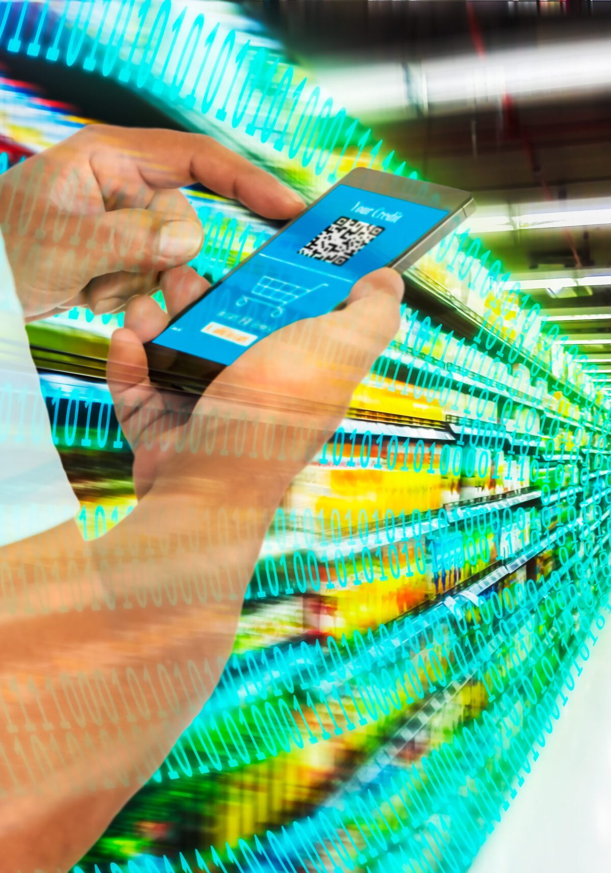 Digital revolution in retail market concept. Double exposure of business man using smart phone with shoping application on screen and abstract digital binary code with supermarket aisle,motion blur.